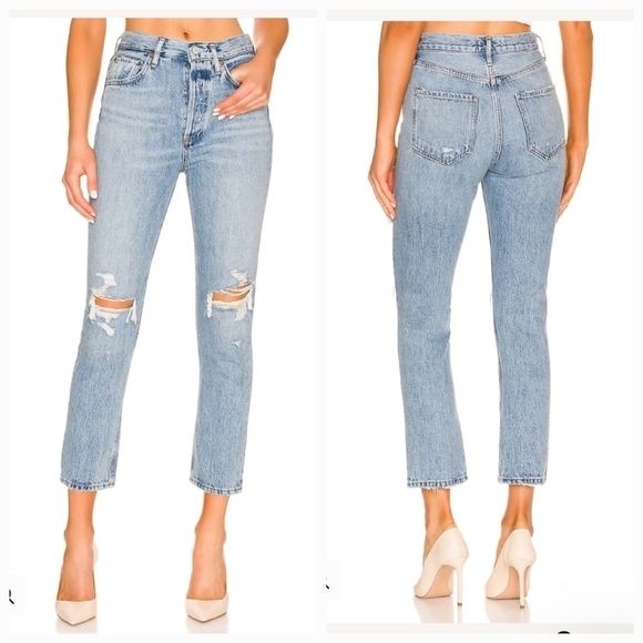 AGOLDE Riley High Rise Straight Crop Distressed Knee Blue Jeans Size 25 - Picture 1 of 5